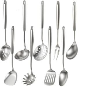 Newness 9 Pcs Cooking Utensils Set, 304 Stainless Steel Kitchen Utensils Set, Metal Kitchen Accessories, Include Soup Ladle, Slotted Skimmer Spoon, Spaghetti Spoon and Spatula, Dishwasher Safe