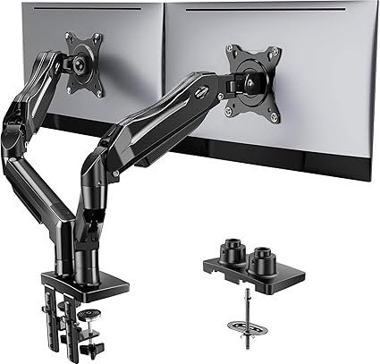 7182jSFV25L._AC_SX425_-2.jpg HUANUO FlowLift Dual Monitor Stand, Fully Adjustable Gaming Monitor Desk Mount for 13–32″ Computer Screens, Full Motion VESA 75×75/100×100 with C-Clamp & Grommet Base, Each Arm Holds 4.4 to 19.8 lbs - Image 1