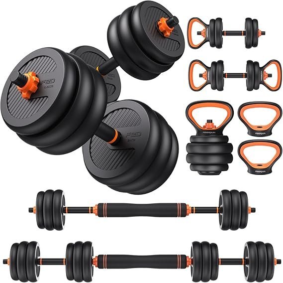 71BE37ZZfLL._AC_SX569_-2.jpg FEIERDUN DS2 Adjustable Dumbbells, 20/30/40/45/70/90lbs Free Weight Set with Connector, 5 in1 Dumbbells Set Used as Barbell, Kettlebells, Push up Stand, Weight Plate, Fitness Exercises for Home Gym Suitable Men/Women - Image 1
