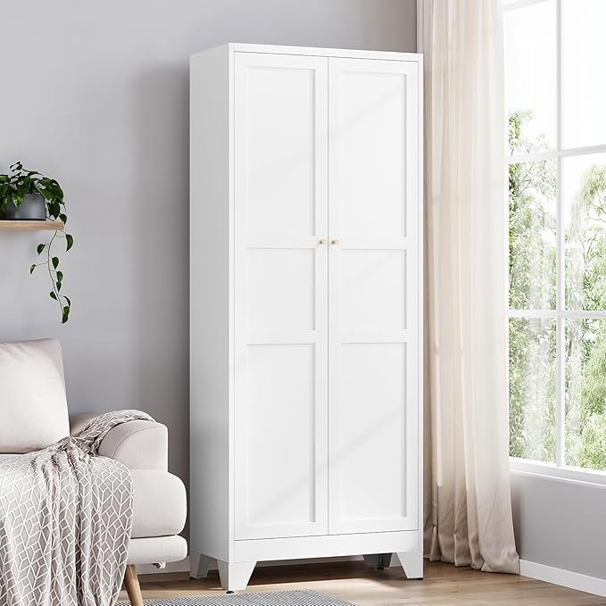 71M84gP9CL._AC_SX679_-2.jpg Yizosh Metal Pantry Cabinet, 75″ Kitchen Pantry with 2 Door and 4 Adjustable Shelves,White Metal Pantry Storage Cabinet,Cupboard for Kitchen,Dining Room,Living Room and Bathroom - Image 1