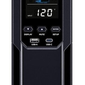 CyberPower CP1500AVRLCD3 Intelligent LCD UPS System, 1500VA/900W, 12 Outlets, 2 USB Ports, AVR, Mini Tower, Black