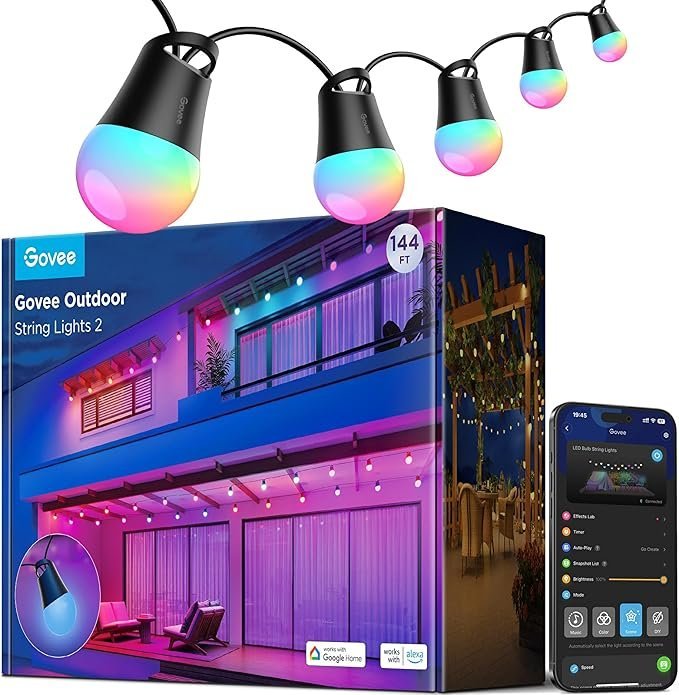 71ag0xH4YsL._AC_SX679_PIbundle-45TopRight00_SH20_-2.jpg Govee Smart Outdoor String Lights 2, 144ft Outdoor Lights with Dimmable Warm White LED Bulbs, 47 Scene Modes for Patio, Backyard, Balcony, IP65 Waterproof, Works with Alexa, App Control - Image 1