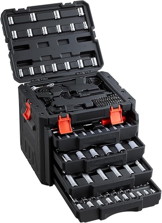 71d2ywFBGQL._AC_SX569_-2.jpg VEVOR Mechanics Tool Set and Socket Set, 1/4″ 3/8″ 1/2″ Drive Deep and Standard Sockets, 450 Pcs SAE and Metric Mechanic Tool Kit with Bits, Combination Wrench, Hex Wrenches, Accessories, Storage Case - Image 1