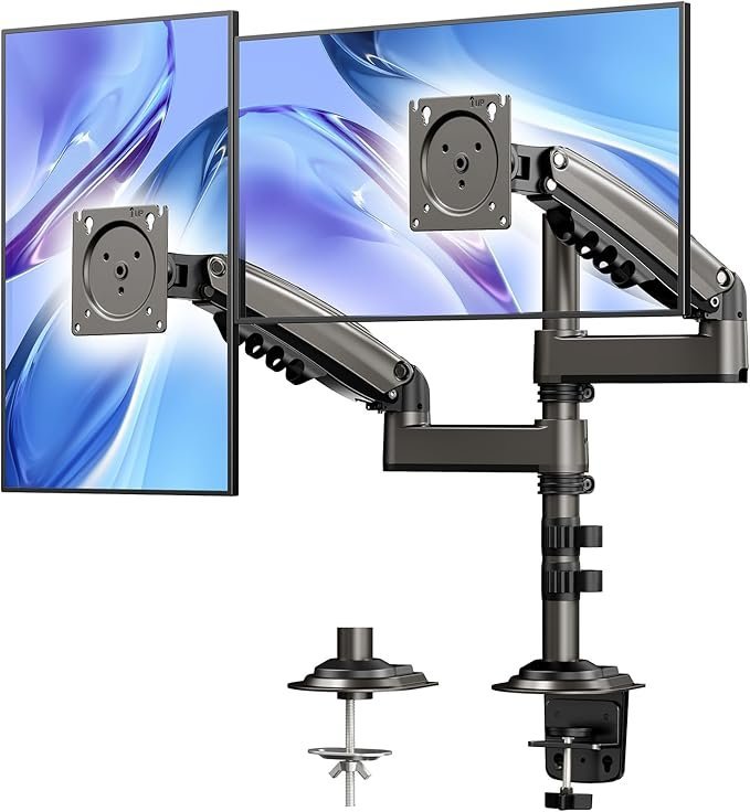 71svG-n9q-L._AC_SX679_-2.jpg HUANUO 17-32 Inch Dual Monitor Stand, Vertical Dual Monitor Mount, Monitor Stand 2 Monitors, Ergonomic Adjustable Tilt/Swivel/Rotate, Weight Max 19.8 lbs, VESA 75/100mm - Image 1
