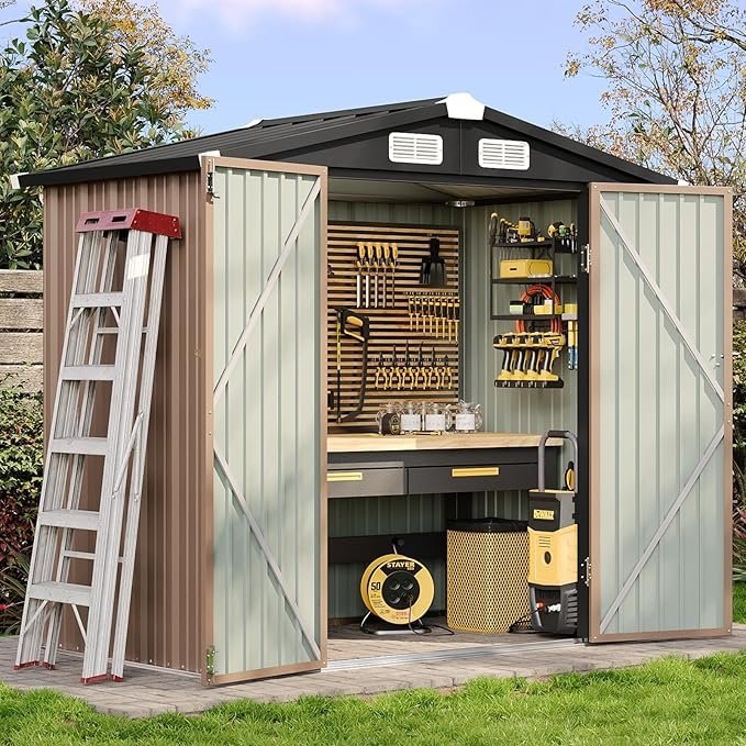 810ORxotJ3L._AC_SX679_-3.jpg Aoxun 6.2×4 FT Shed Outdoor Storage Shed with Lockable Doors & Slooping Roof Metal Garden Tool Shed for Backyard, Patio, Poolside (Brown) - Image 1