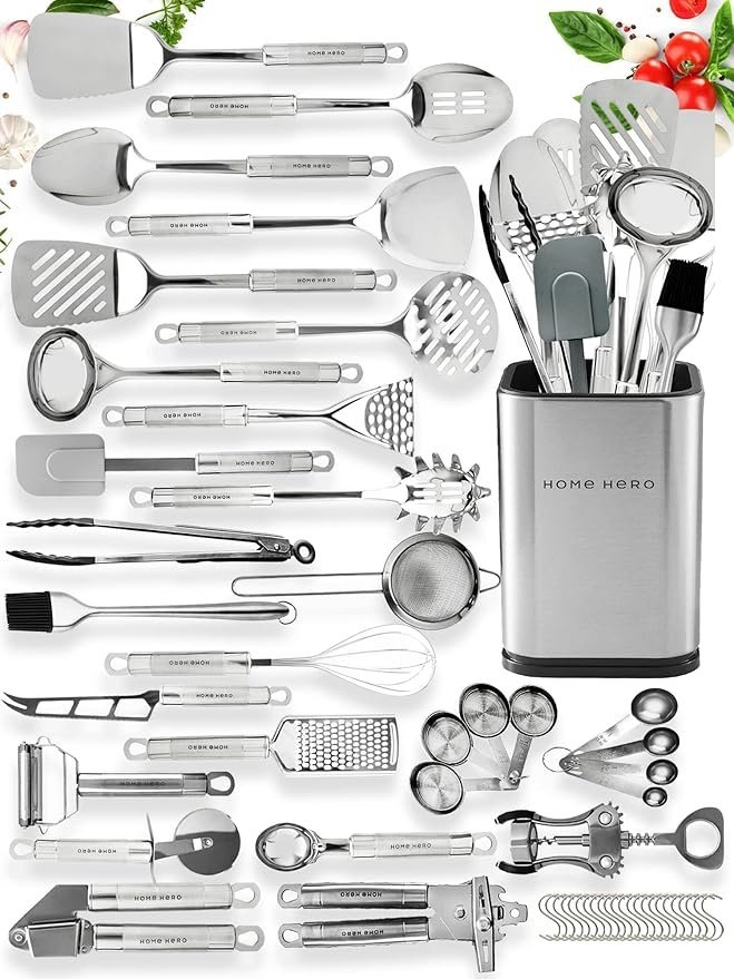 81Im3uC5HBL._AC_SY879_-2.jpg Home Hero 54-Piece Stainless Steel Kitchen Utensils Set – Heat-Resistant Nonstick Silicone & Stainless Steel Cooking Utensils – Complete Tools with Slotted Spoon & Pasta Spoon – Pack of 54, Silver - Image 1