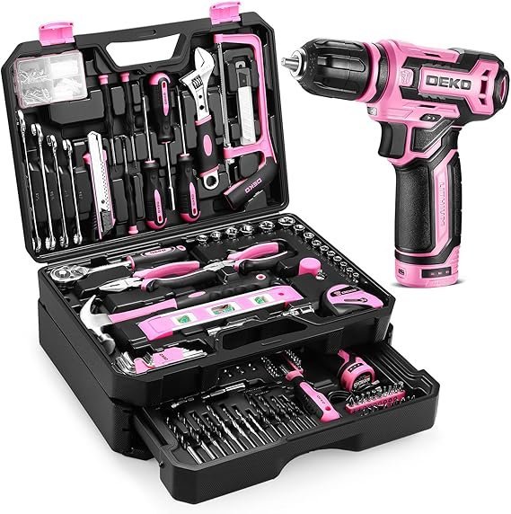 81VNaeQU0lL._AC_SX569_-2.jpg Pink Tool Kit Box Drill Set:DEKOPRO Home Mechanic Toolbox with 12V Power Cordless Drill Hand Repair Tools Sets Combo Kits Storage Organizer Drawer Case for Men & Women - Image 1