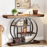 Tribesigns 41.3″ Console Table, Industrial 4-Tier Sofa Table Entryway Table with Circle Base, Narrow Wood Accent Tables with Storage Shelves for Living Room, Hallway, Foyer, Rustic Brown