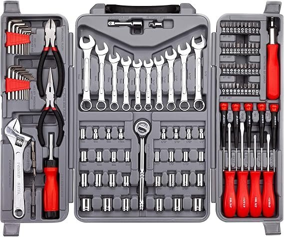 91aGvsoG1L._AC_SX569_-1-2.jpg CARTMAN 205 Piece Ratchet Wrench Tool Set 1/4″ & 3/8″ & 1/2″ Drive with SAE/Metric Sockets Kit in Plastic Toolbox - Image 1